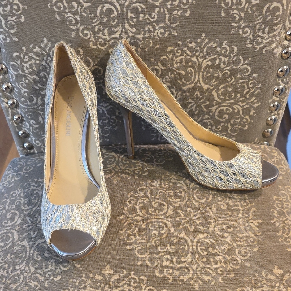 Enzo Angiolini Silver Peep Toe Heels